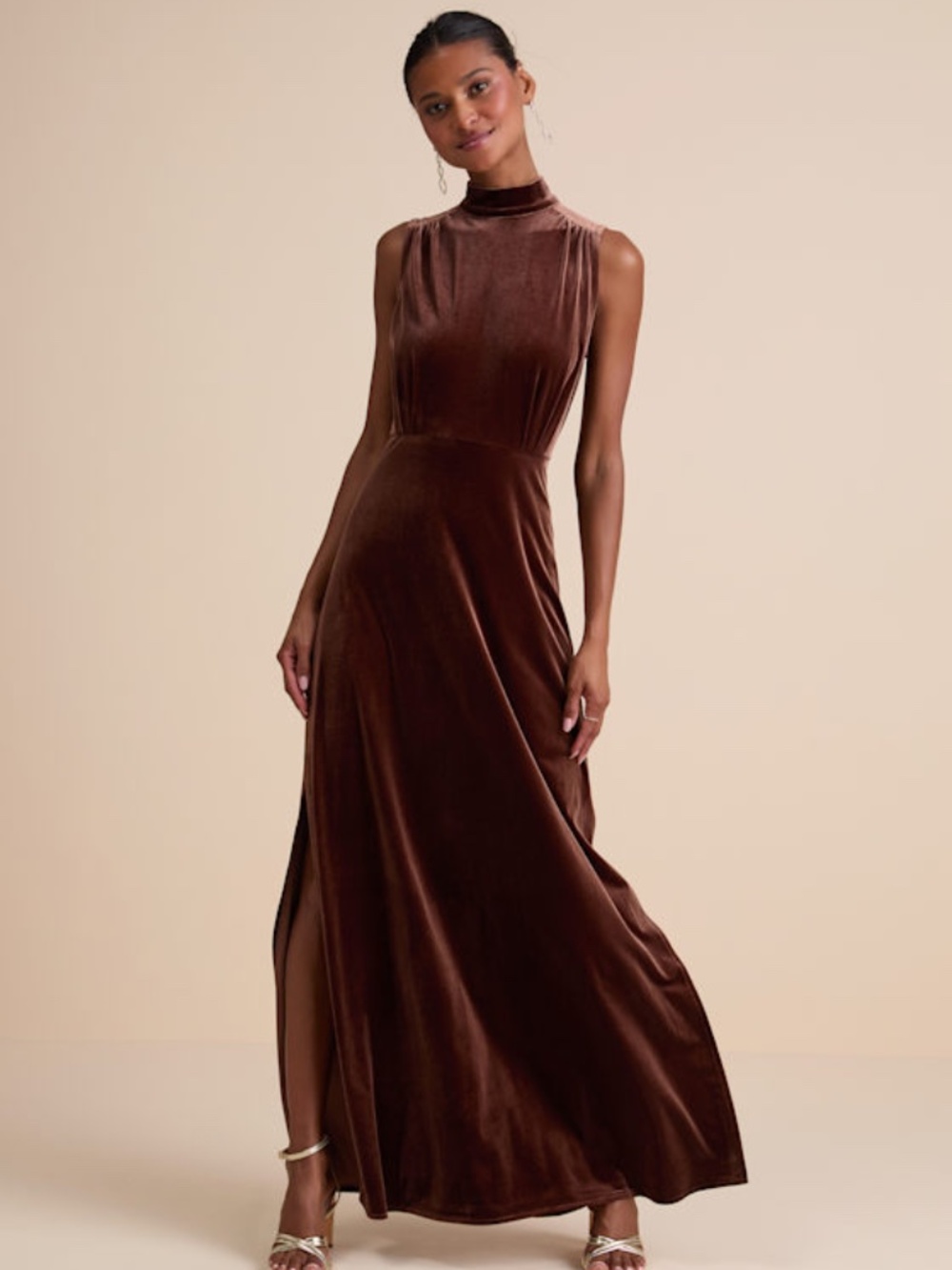 Lulus Classic Elegance Brown Velvet Sleeveless Mock Neck Maxi Dress - Size XL